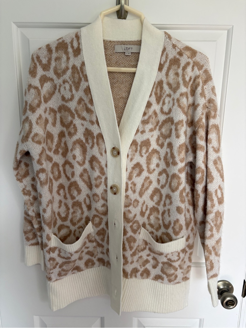 LOFT Cream & Tan Small Leopard Print Cardigan Sweater